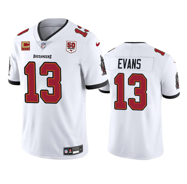 Men's Tampa Bay Buccaneers #13 Mike Evans White 2025 50th Anniversary Patch And 4-Star C Patch Vapor Untouchable Limited Stitched Football Jersey
